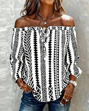 Off-Shoulder Tie-Up Print Blouse