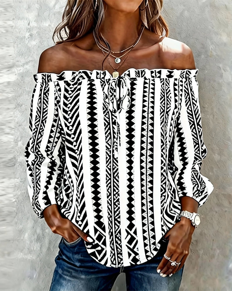 Off-Shoulder Tie-Up Print Blouse