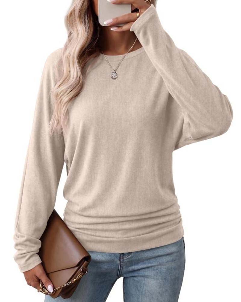 Crew Neck Solid Long Sleeve Top