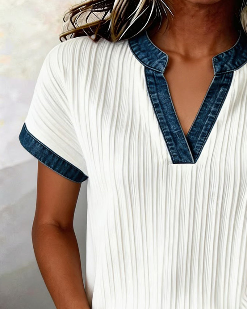 Ribbed Denim Spliced T-shirt