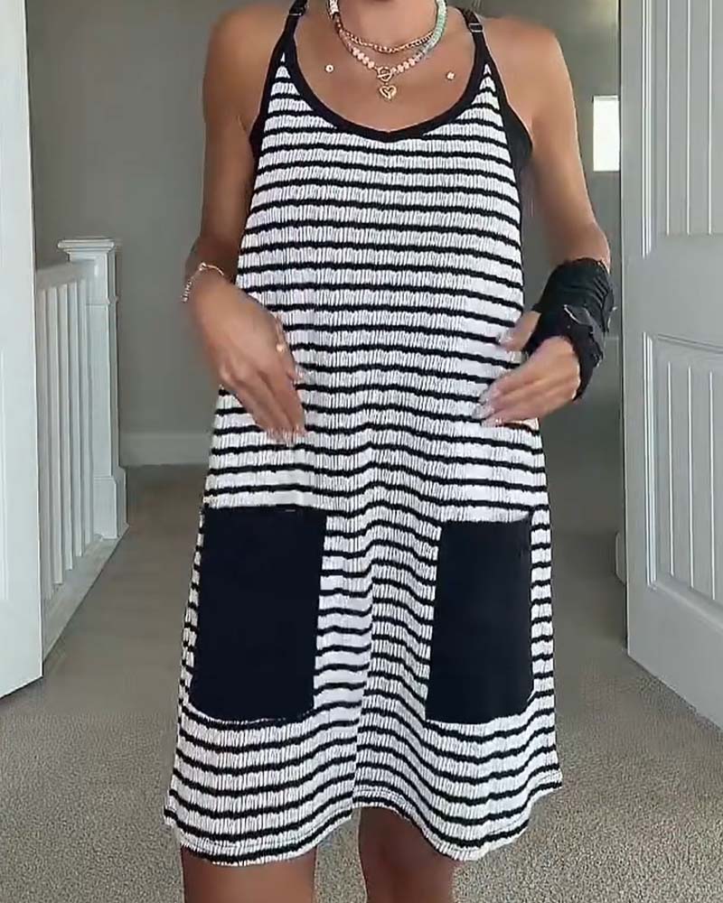 Strappy U-Neck Pocket Color Block Dress