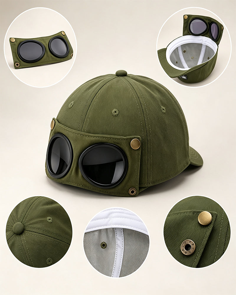 Detachable Goggle Pilot Baseball Cap Vintage Hat for Street Fashion & Daily Outfit