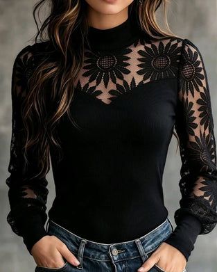 Sunflower Lace Paneled Turtleneck Top