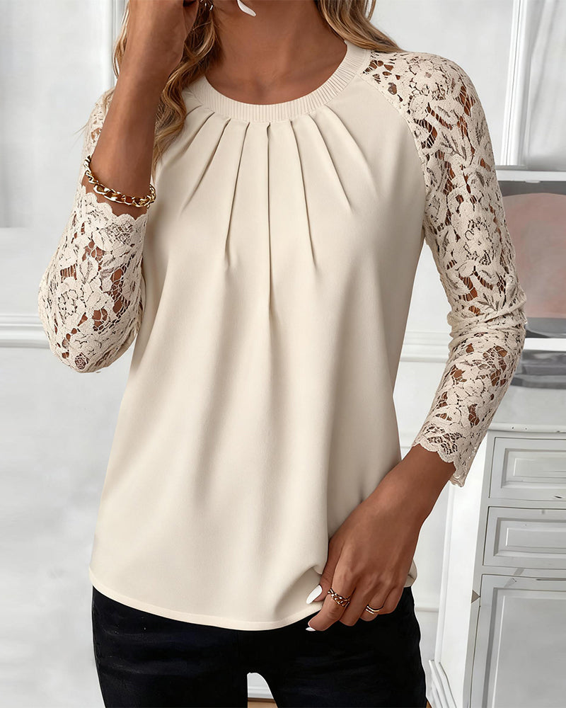 Round Neck Pleated Lace Patchwork Top