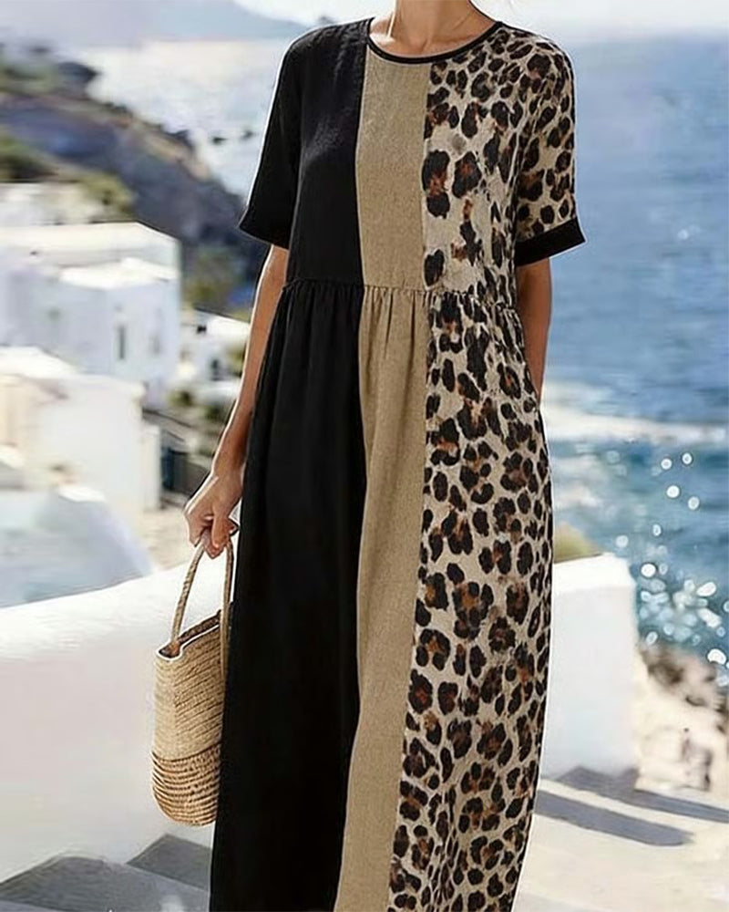 Leopard Print Patchwork Short Sleeve Dress