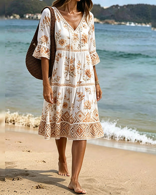 V-Neck Patchwork Floral Vacation Dress