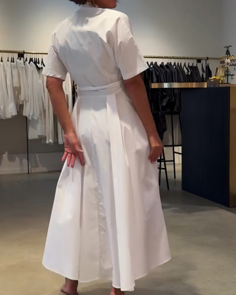 V-Neck Tie Waist Full Skirt Dress