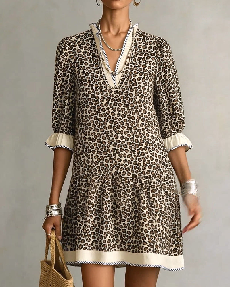 Leopard Print Ruffle V-Neck Dress