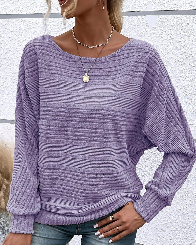 Solid Color Round Neck Long Sleeve Striped Top