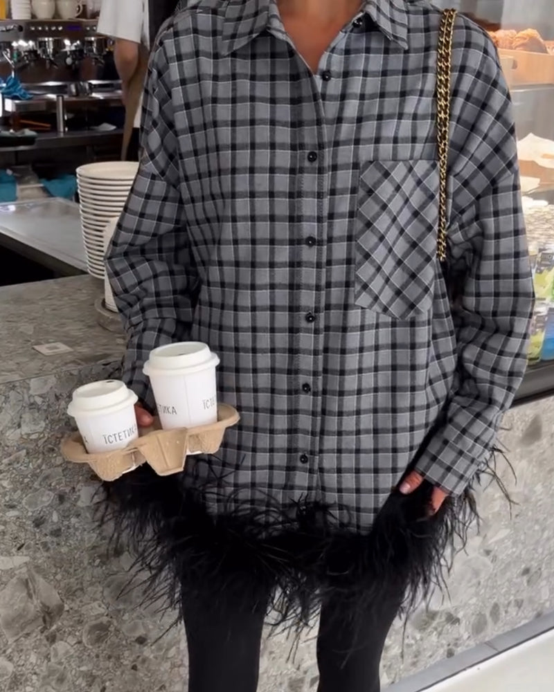 Ostrich Feather Trim Plaid Blouse