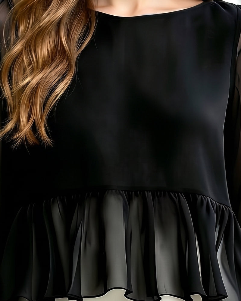 Boat Neck See-Through Ruffle Top