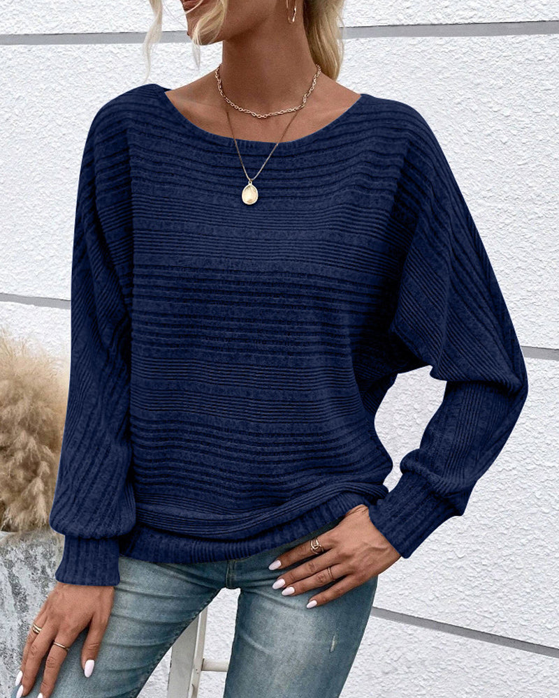 Solid Color Round Neck Long Sleeve Striped Top