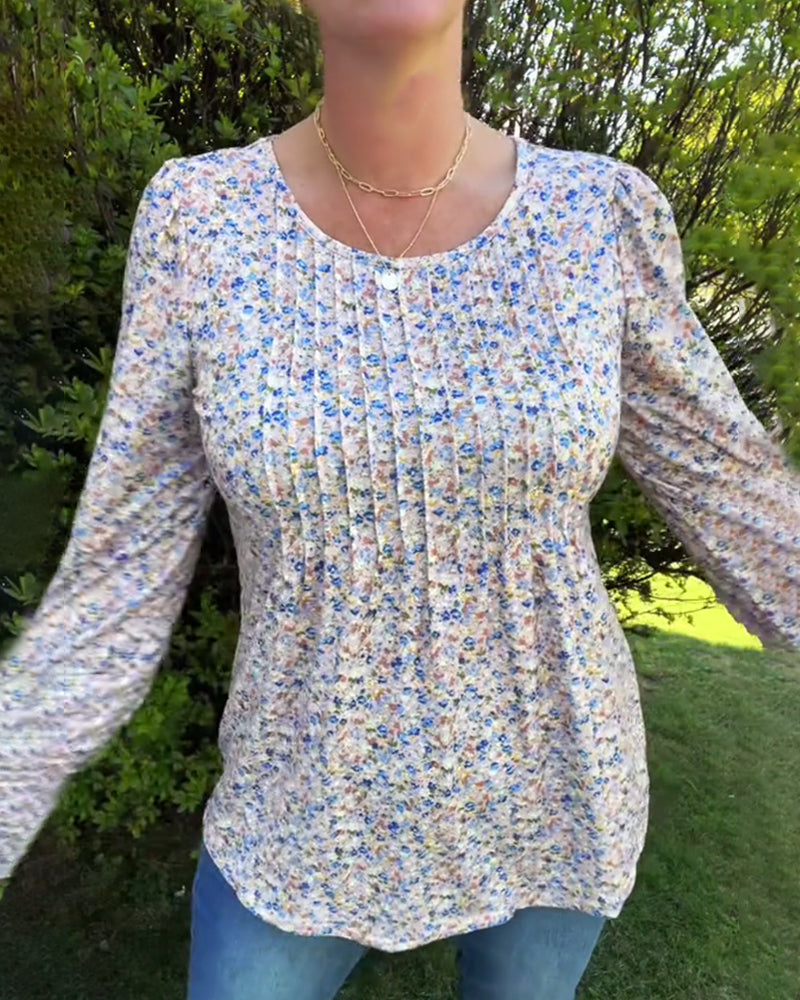 Puff Sleeve Floral Pleated Top
