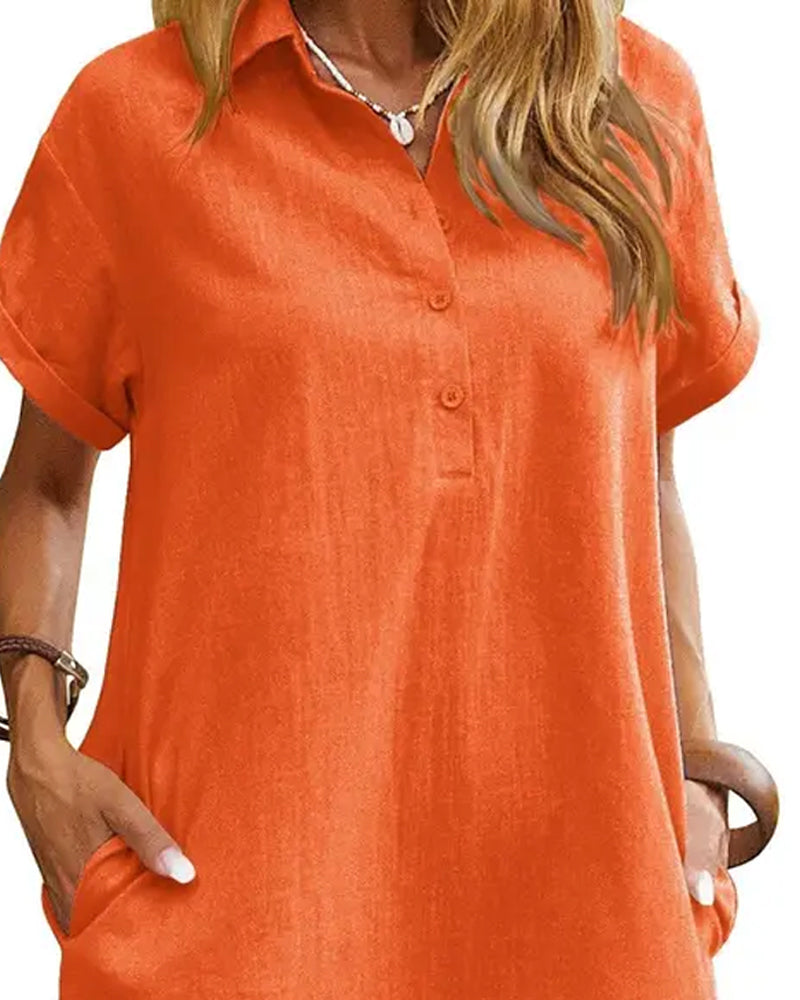 Lapel Button Split Short Sleeve Casual Dress