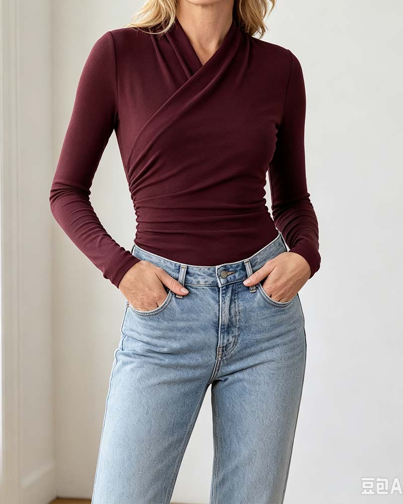 Cross V-neck Pleated Waist Long-sleeve Top