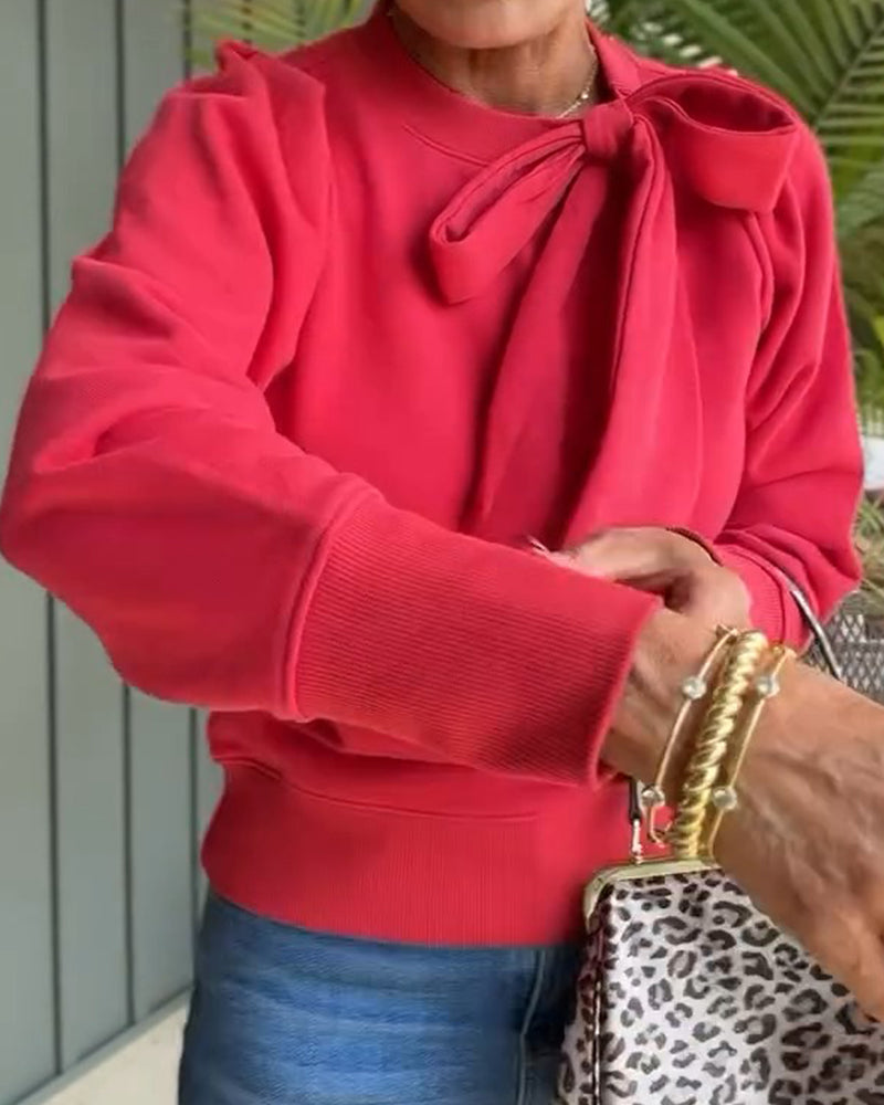 Bow Tie Puff Sleeve Sweatshirt