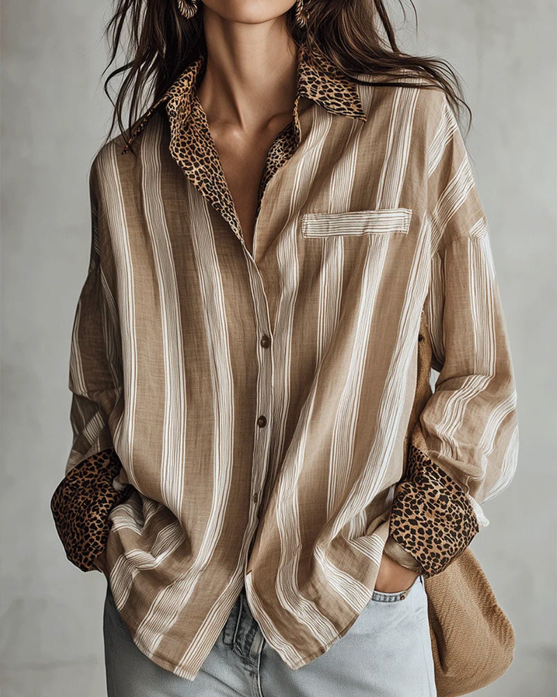Casual Shirt Collar Leopard Stripe Shirt