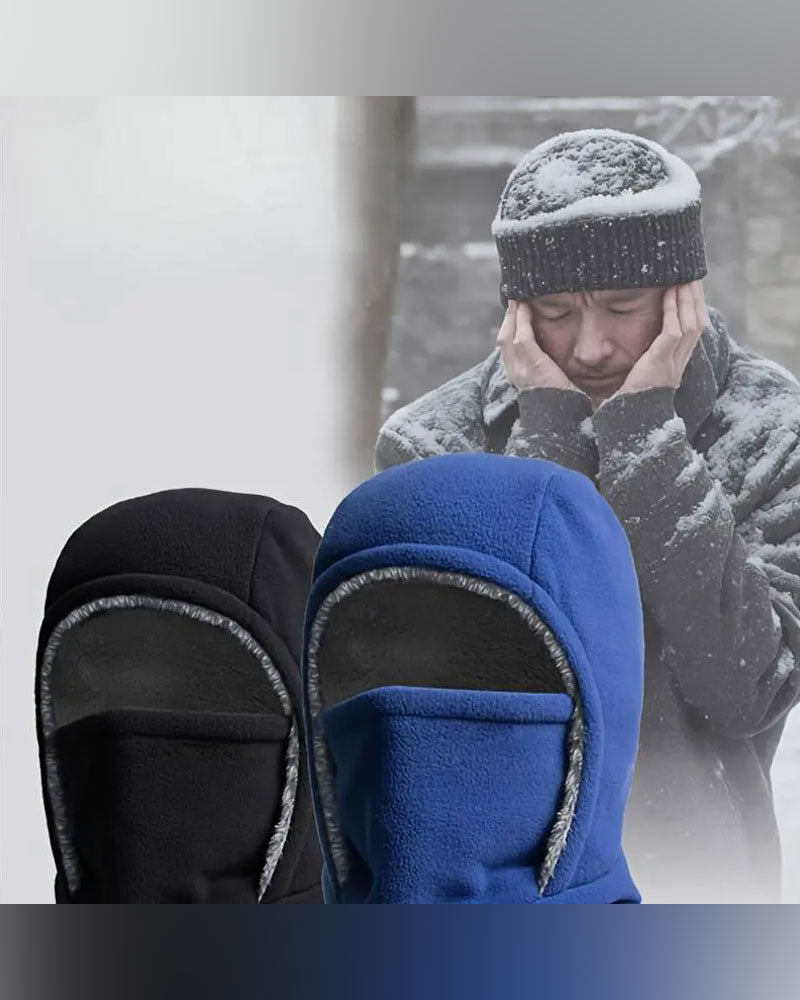 Winter 2 In 1 Hat And Face Mask Windproof Thick Fleece Lining For Outdoor Sports Black