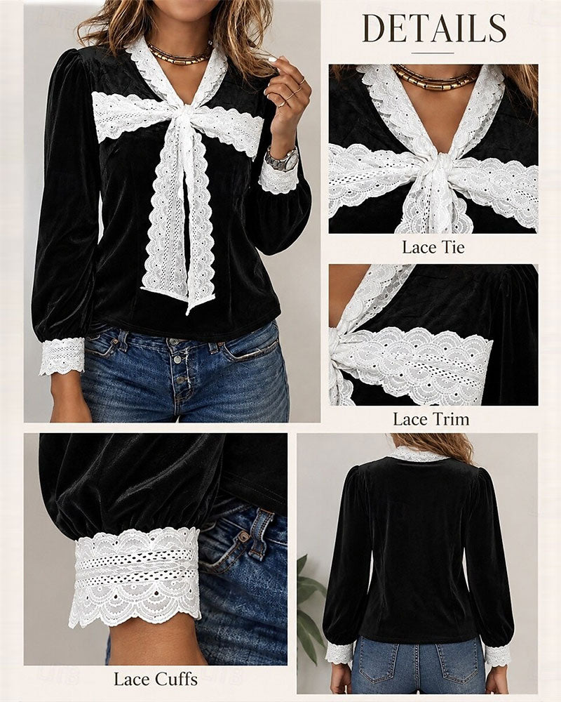 V-Neck Bow Patchwork Top