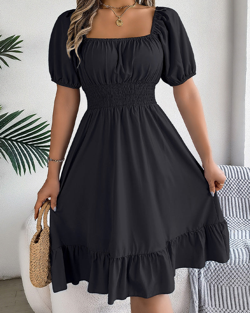 Square Neck Cinched Waist Ruffle A-Line Dress