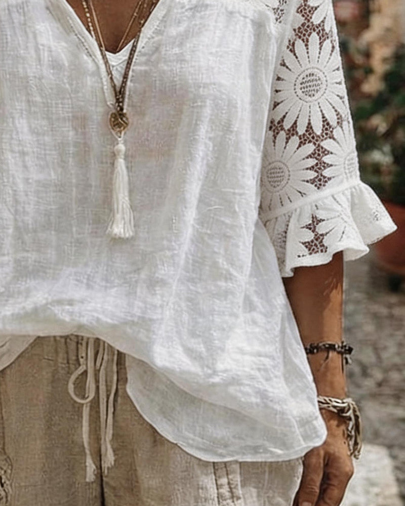 V-Neck Daisy Patchwork Blouse