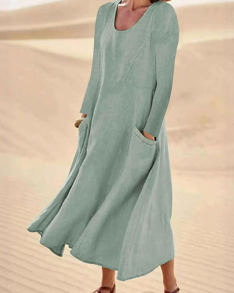 Solid Long Sleeve Crew Neck Dress