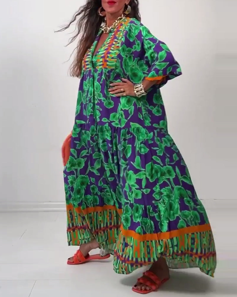 V-neck printed casual long dress