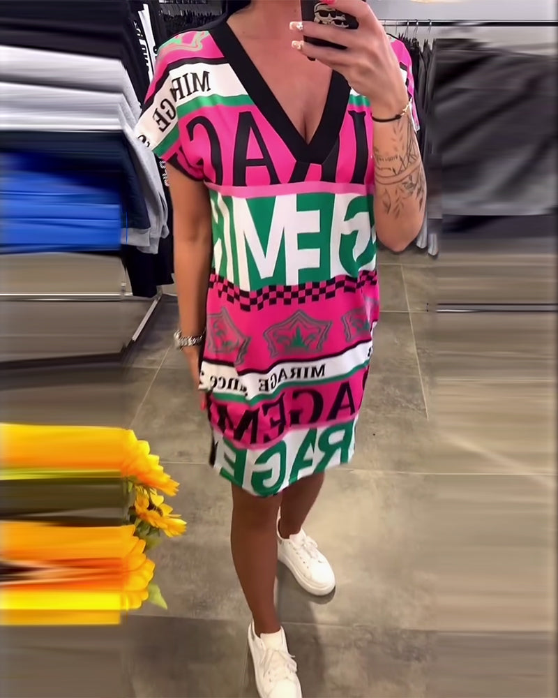 Printed V-Neck Short-Sleeved Dress