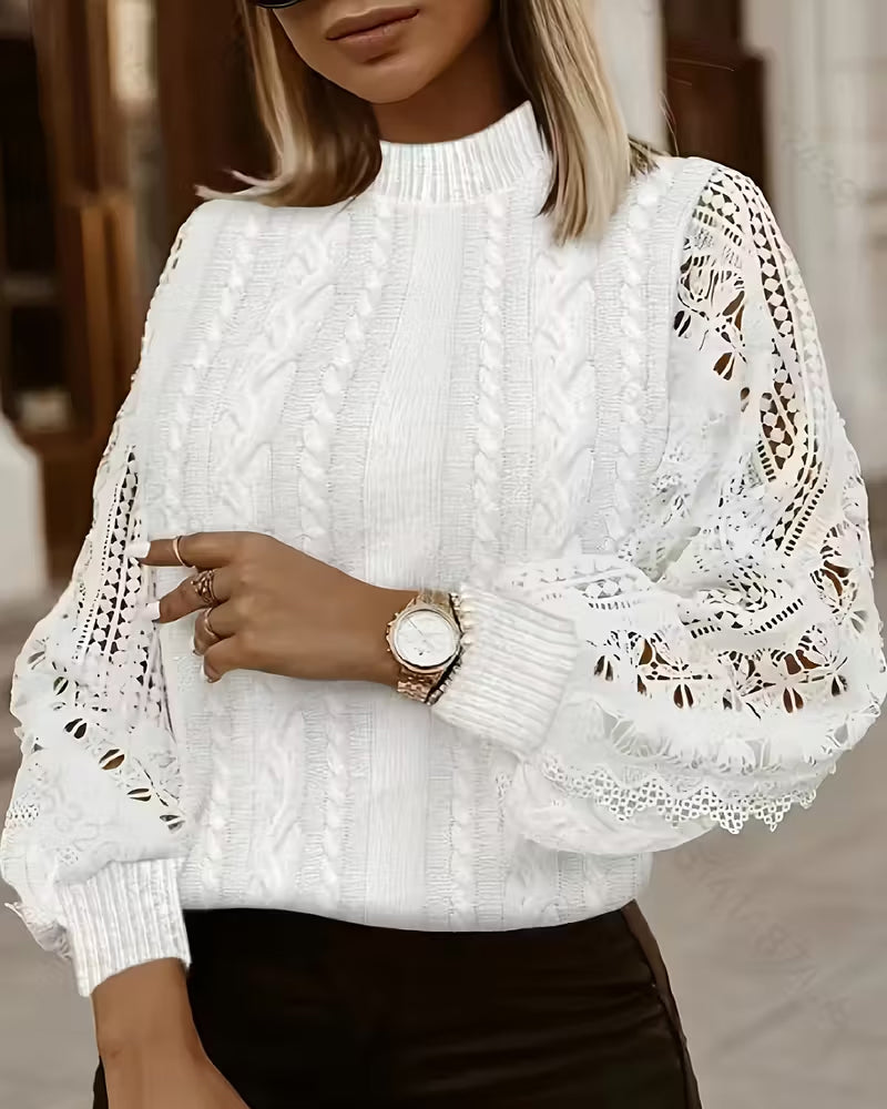 High-Neck Hollow-Out Patchwork Pullover
