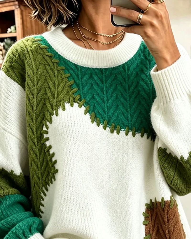 Round Neck Contrasting Dropped Shoulder Patchwork Pullover