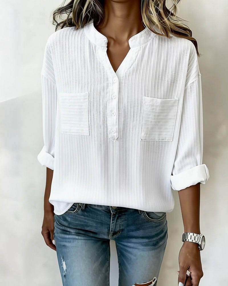 Vertical Waffle Henley Collar Double Pocket Shirt