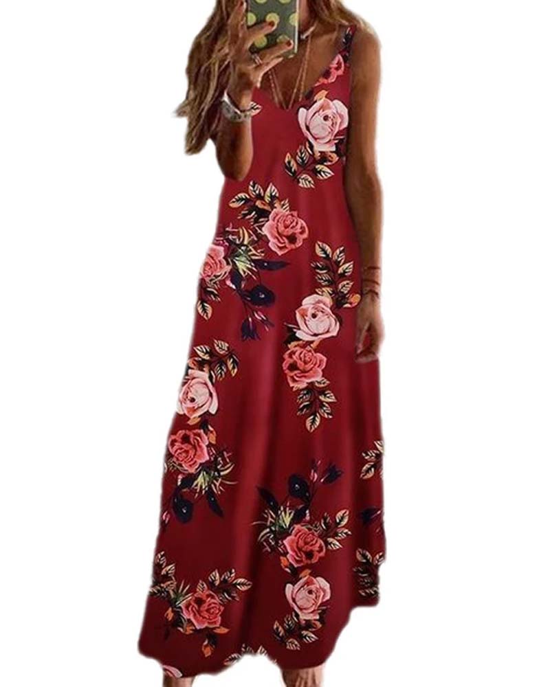 Long Print Spaghetti Strap Dress