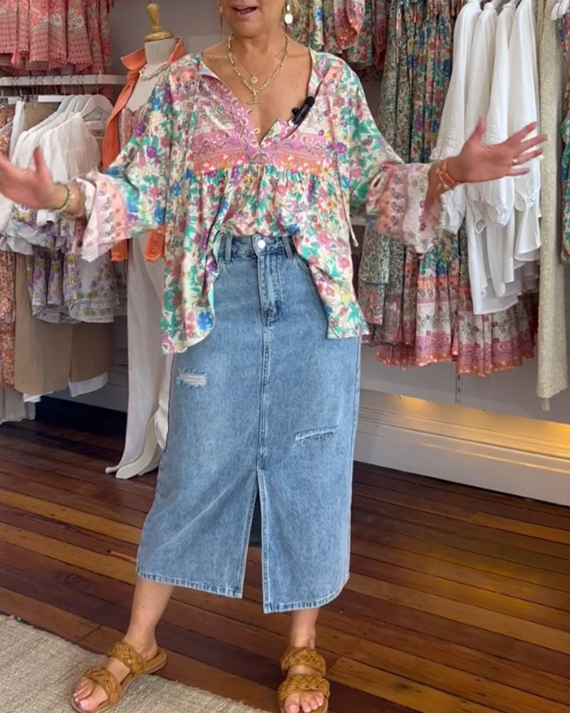 Colorful floral print casual blouse