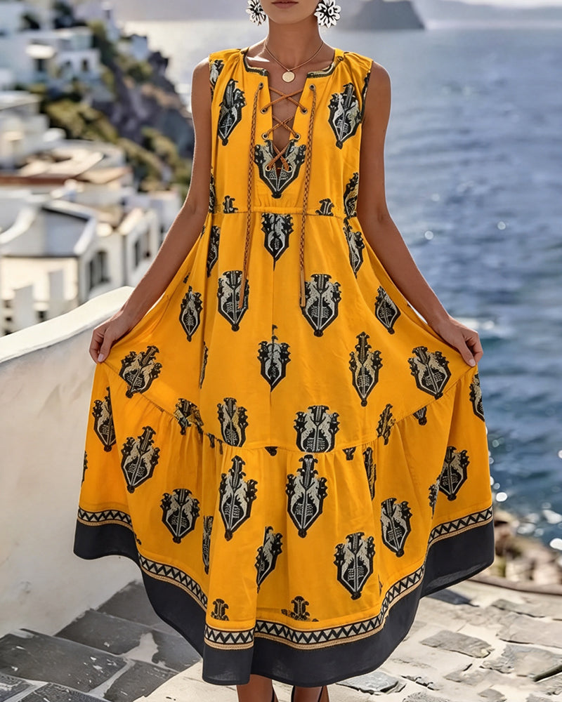 Ethnic Print Tie Sleeveless Long Dresses