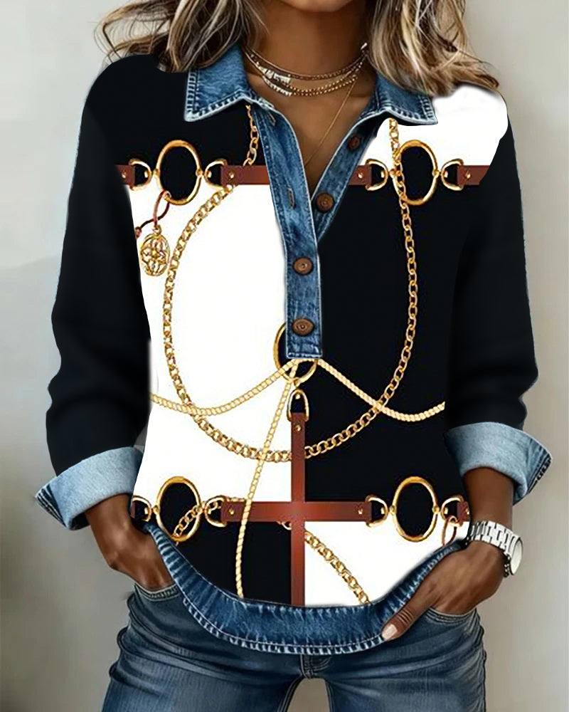 Denim Patchwork Chain Print Sweatshirt