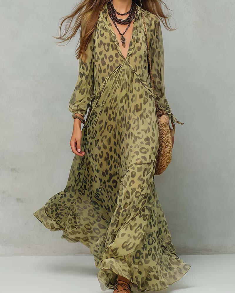 V-Neck Long Sleeve Leopard Maxi Dress