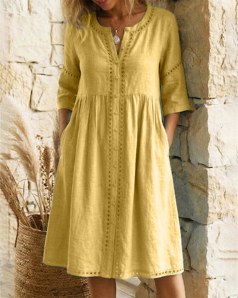 100% Cotton Hollow Out V-Neck Button-Front Dress