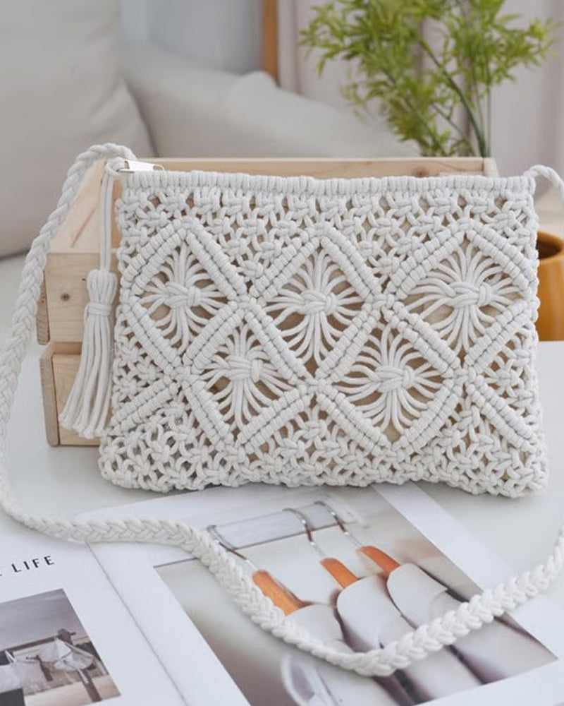 🏆Flash Sale⚡Minimalist Tassel Women's Clutch – Retro Cotton Rope Woven Bag, Summer Vacation Boho Beach Purse