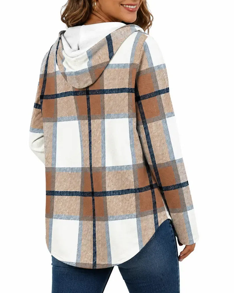 Plaid Hooded Drawstring Blouse