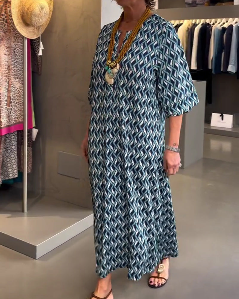 V-Neck Diamond Pattern Straight Relaxed Dress