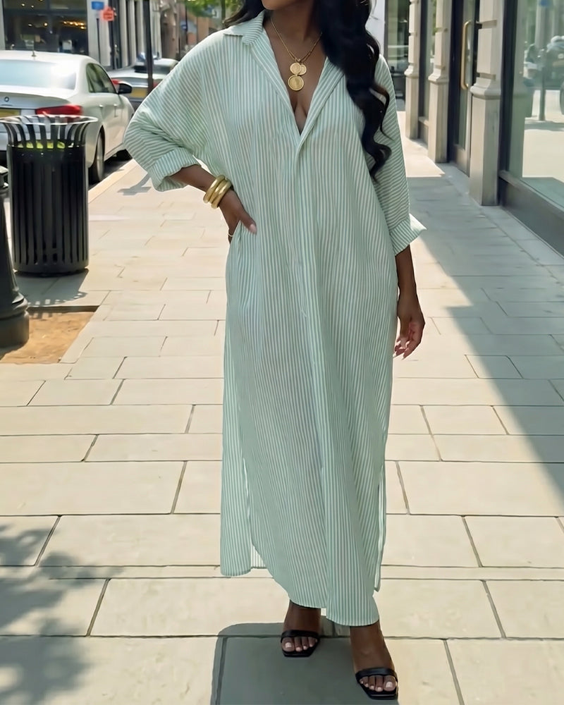 Long Sleeve Lapel Loose Striped Shirt Dress