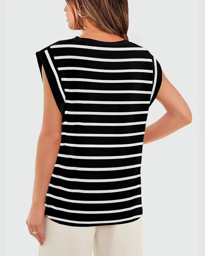Casual striped print round neck sleeveless top