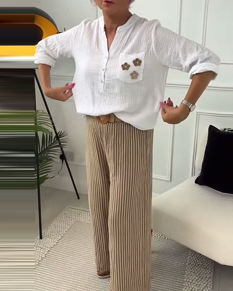 Casual floral print pocket long sleeve blouse