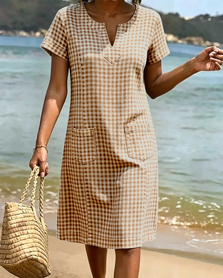 Small V-Neck Plaid Straight Dress