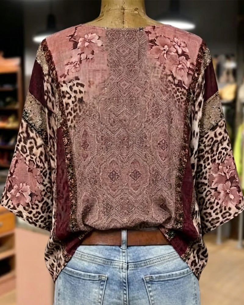 V-Neck Lantern Sleeve Leopard Blouse