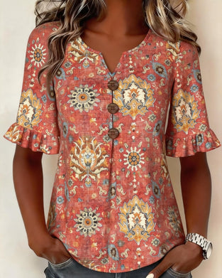 Ethnic Print Flutter Sleeve Blouse
