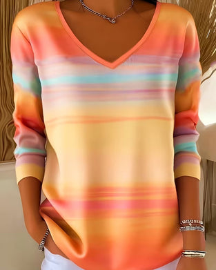 Rainbow Ombre Horizontal Stripe V-Neck Sweatshirt