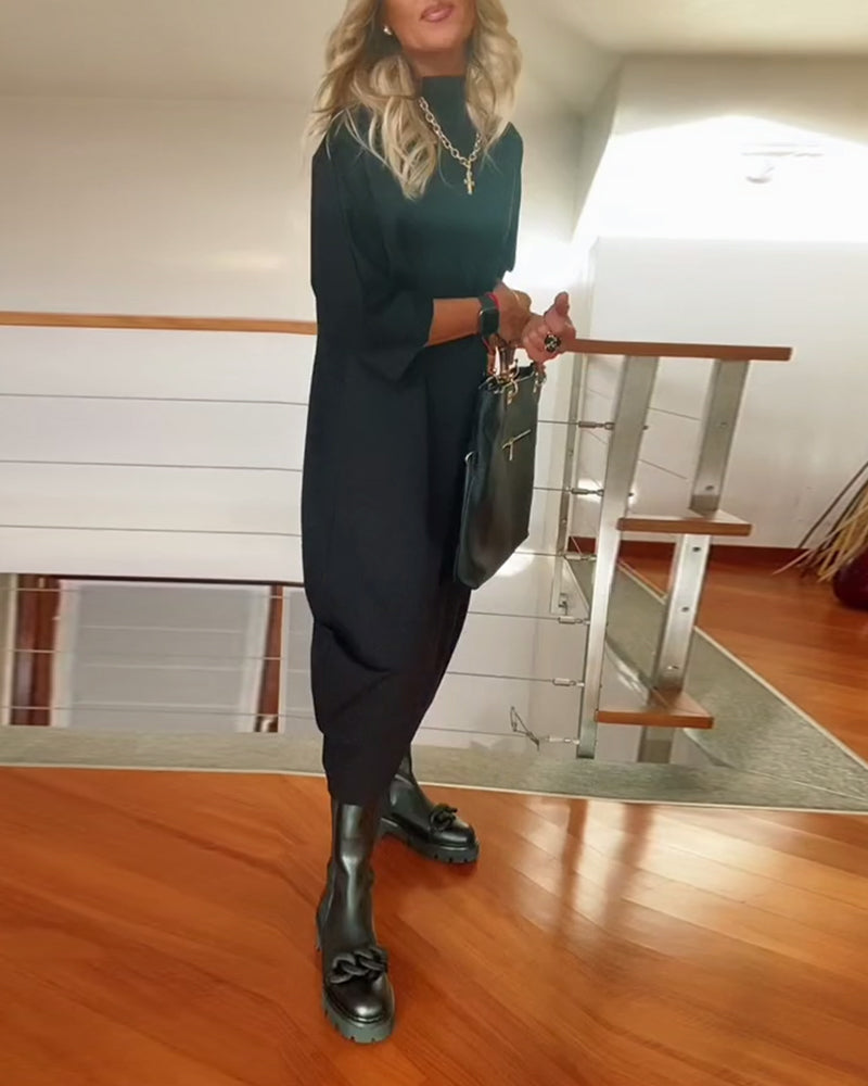 Solid color loose high collar casual dress
