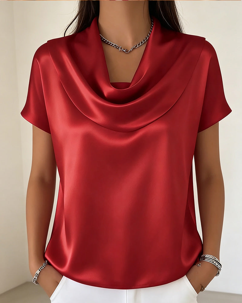 Solid Draped Collar Blouse