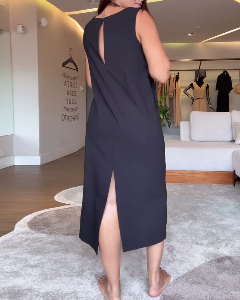 Aumora Casual V-neck Sleeveless Solid Color Split Dress